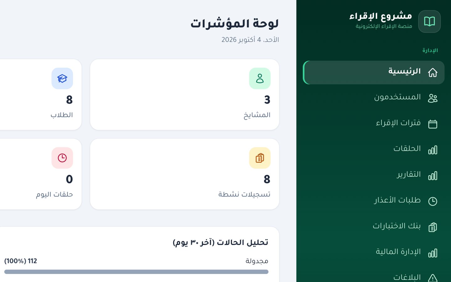 Iqraa admin dashboard — sheikhs, students, active periods and session attendance